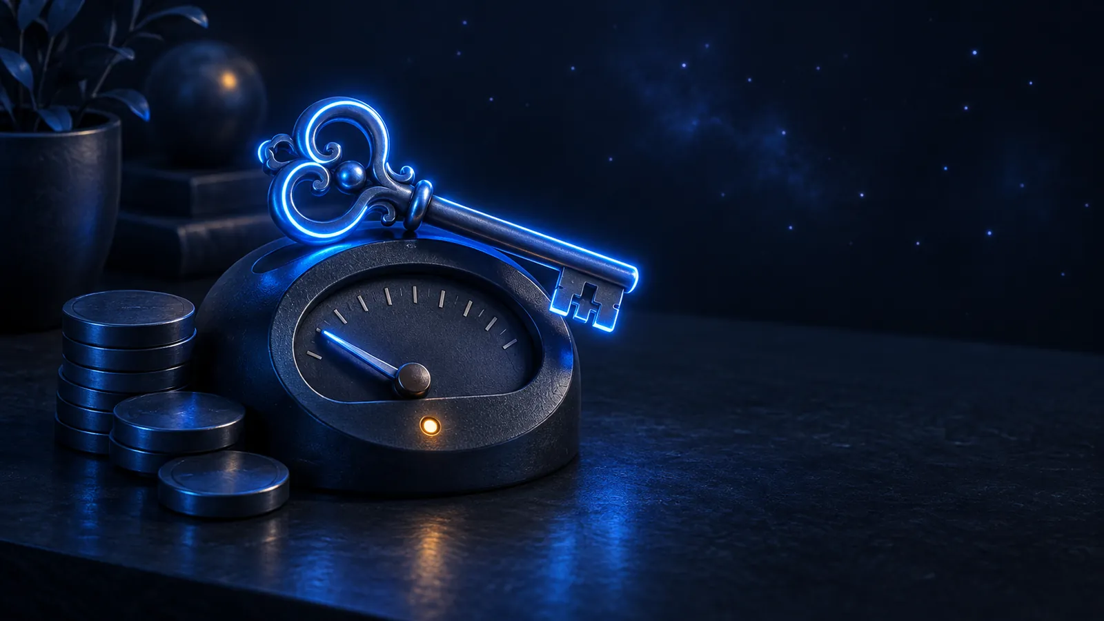 A glowing key resting on a small meter with a few coins stacked beside it