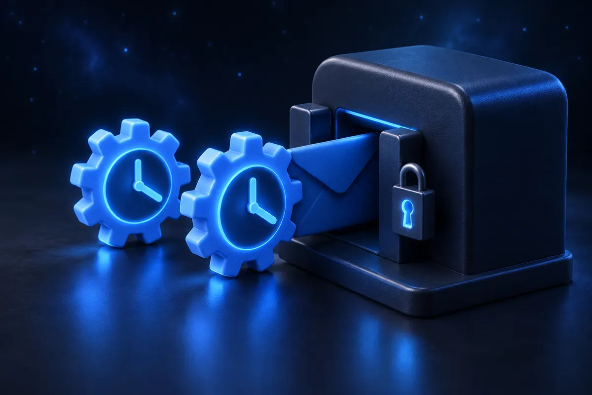 Two clock gears trying to push the same envelope through one slot, a padlock letting only one through