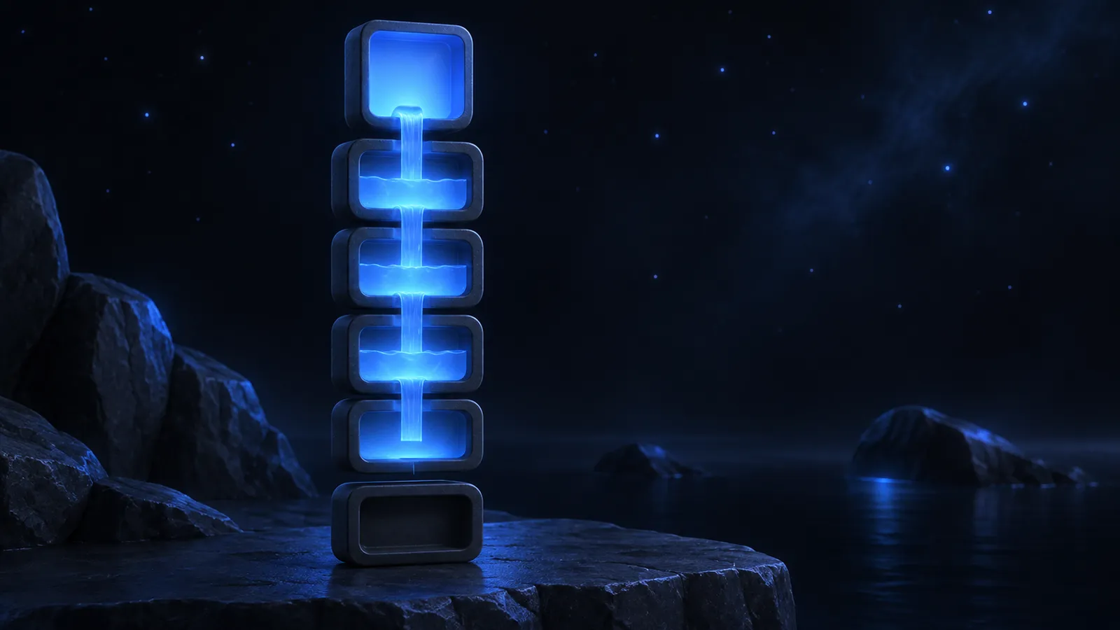 A glowing formula tile at the top of a column pouring light down into neat cells, stopping at an empty gap