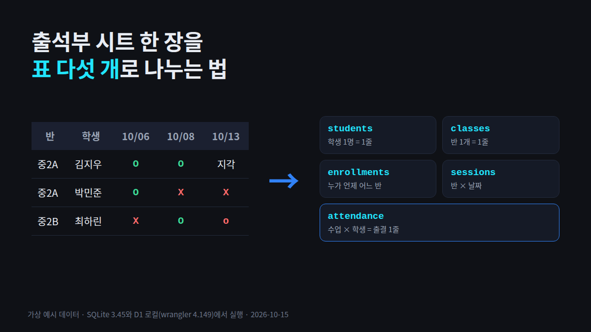 날짜가 옆으로 늘어나는 출석부 시트를 students·classes·enrollments·sessions·attendance 표 다섯 개로 나누는 그림