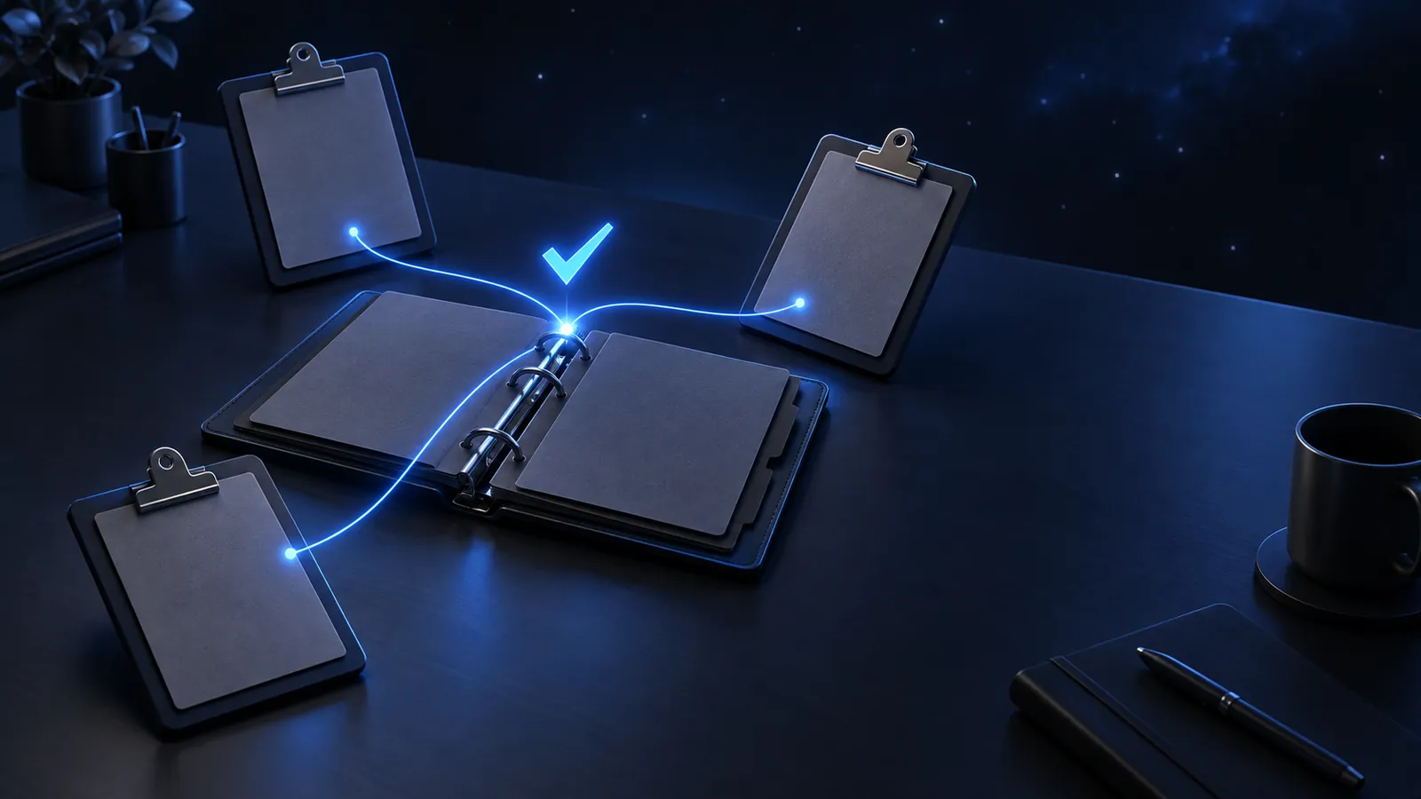 Three clipboards sending light threads into one shared binder without tangling