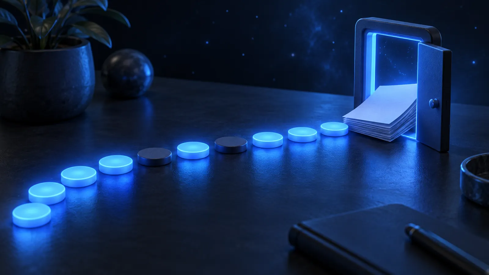 A row of glowing check-in tokens on a desk leading into a small paper stack leaving through a door