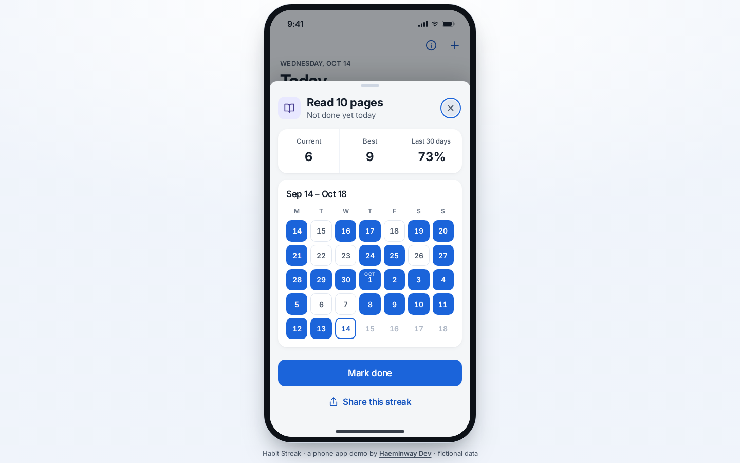 Habit detail calendar and undo action