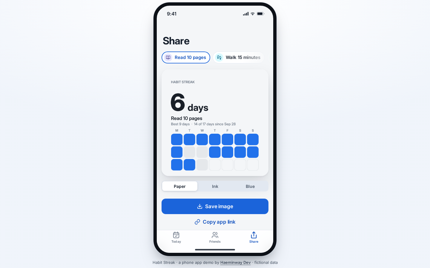 Share screen with a reading streak card and style choices