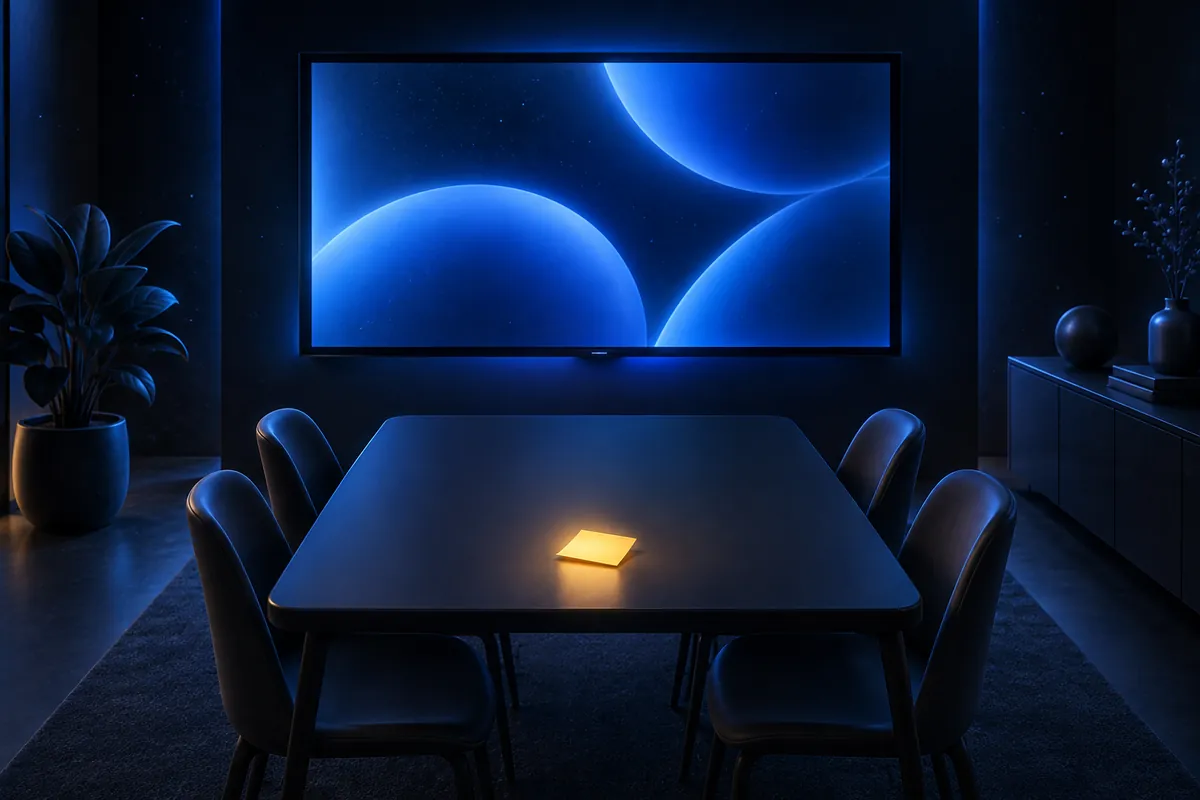 A glowing wall monitor in an empty meeting room while a small note on the table catches the light