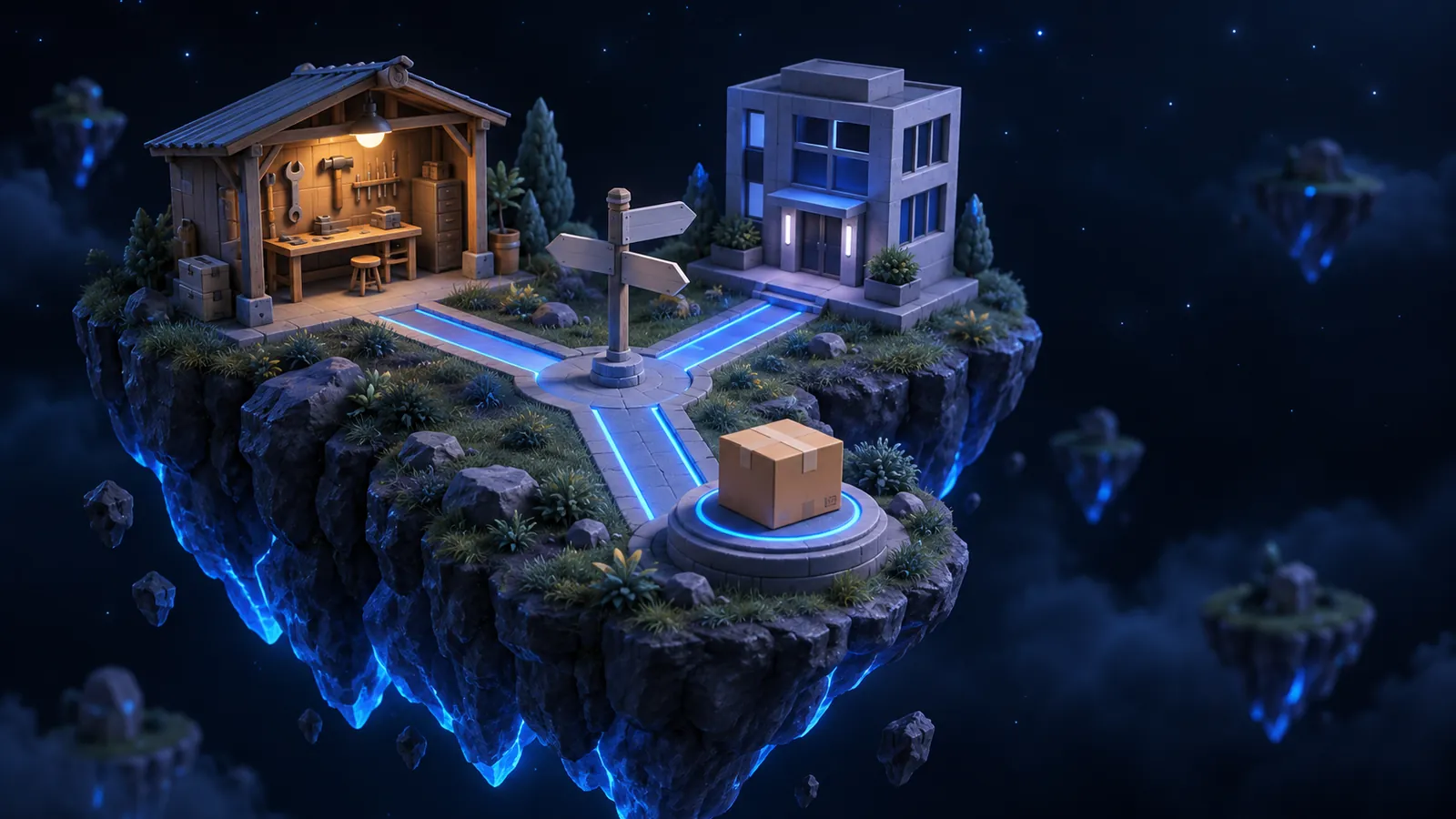 Three paths on a floating island leading to a workshop, a rented office block and a delivered box