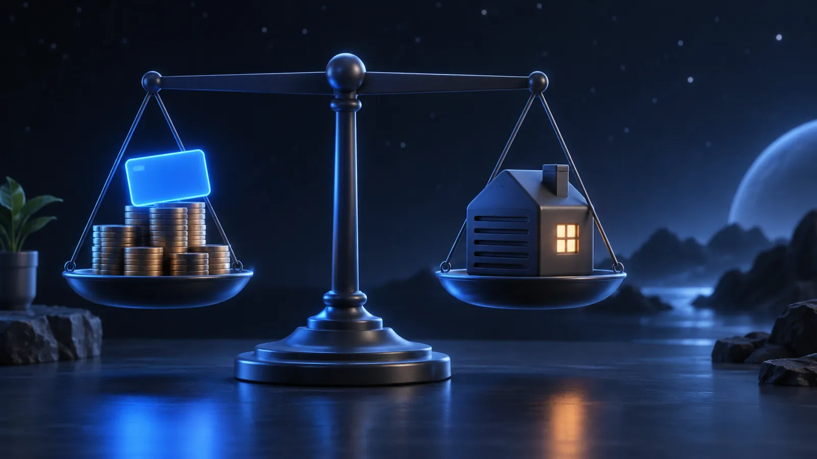A balance scale weighing a rental key-card and coin stacks against a small owned house-shaped block