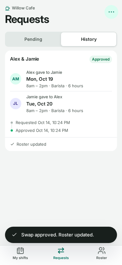 History tab: request approved, roster updated