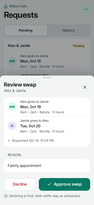 Review swap sheet with both shifts, the reason, Decline and Approve swap