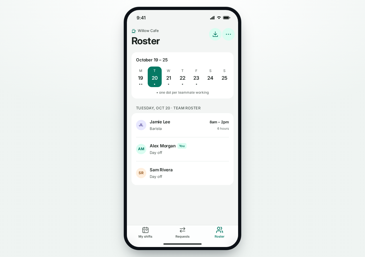 The roster on desktop, shown inside a phone frame