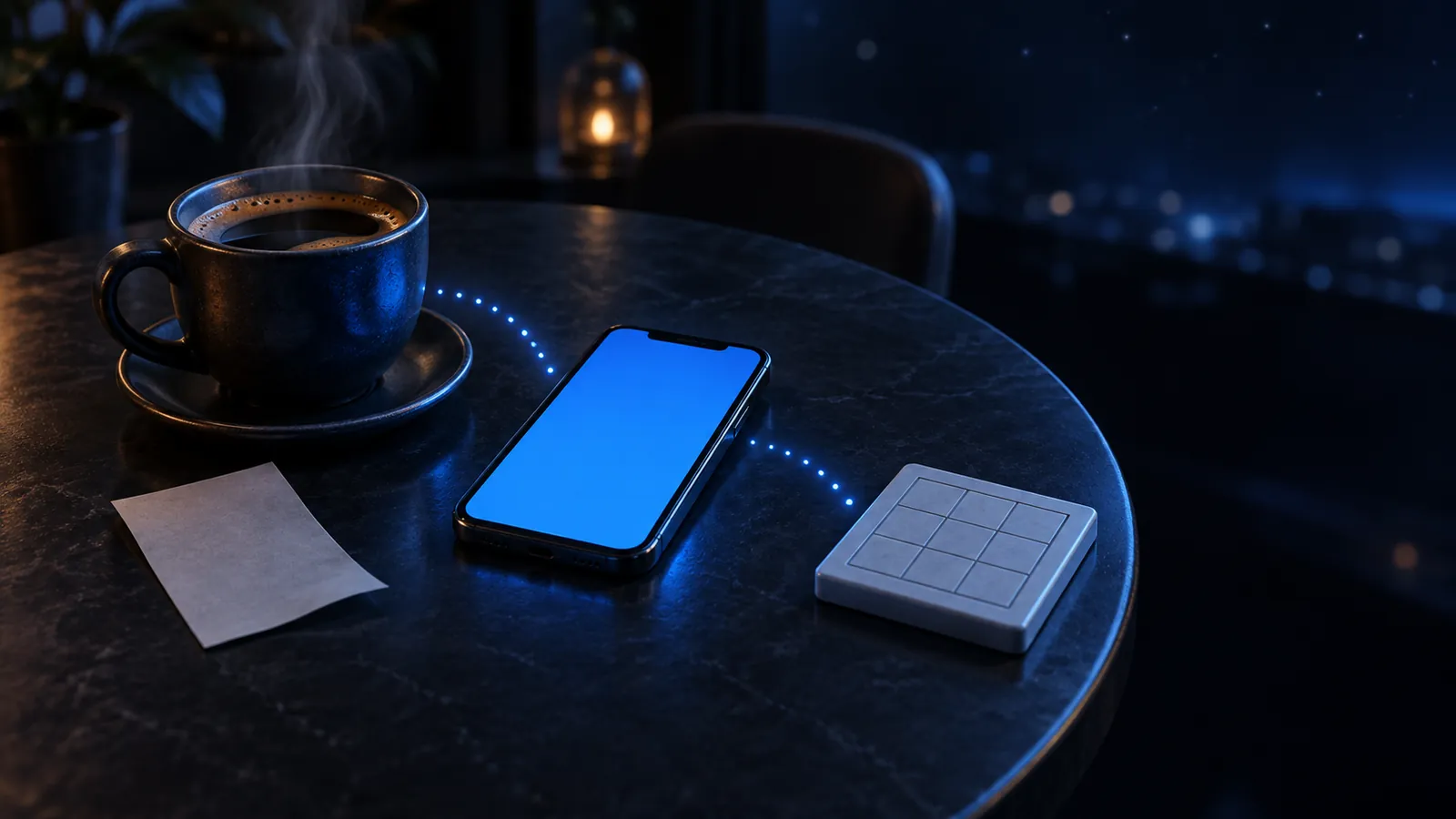 A coffee cup, receipt and plain glowing phone, with light dots running to a small sheet tile