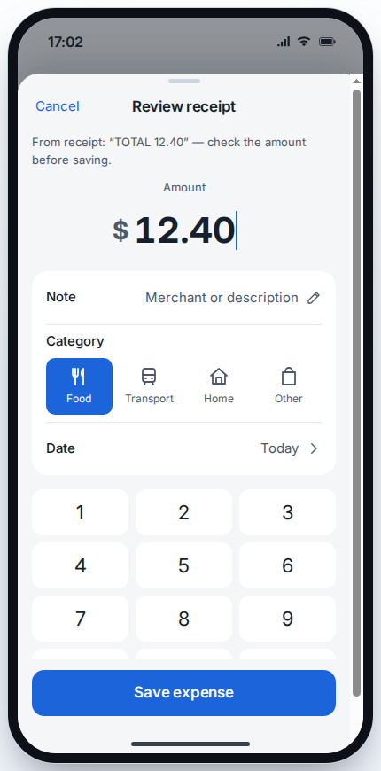 Review receipt sheet showing $12.40 read from TOTAL 12.40