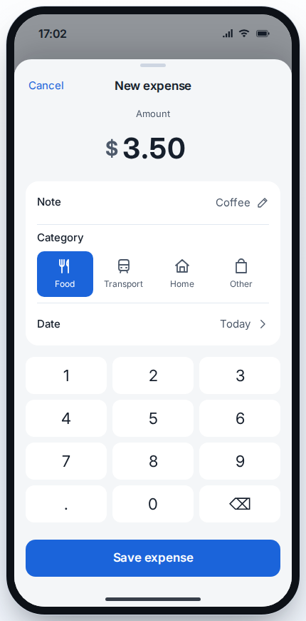 New expense sheet prefilled with $3.50, Coffee, Food, Today