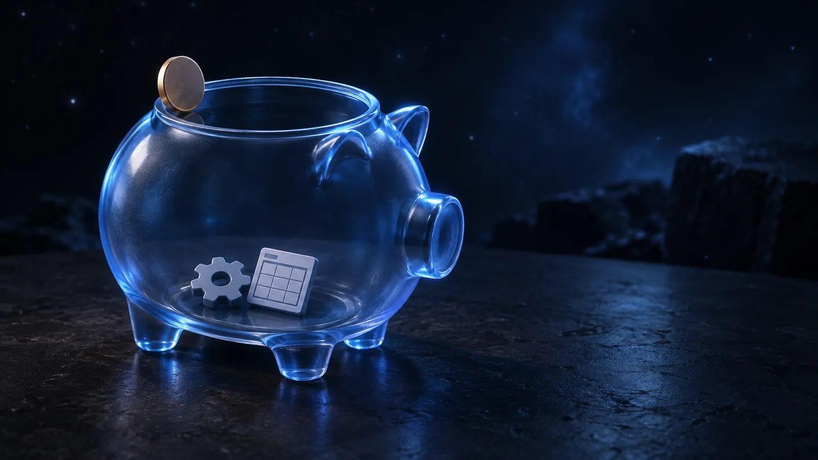 A translucent piggy bank with a small gear and sheet tile working inside and one coin on its rim