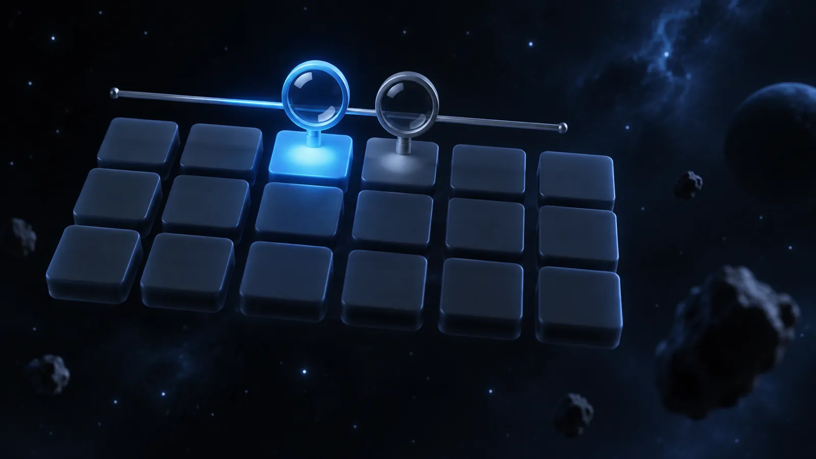 A blue magnifier lighting the right tile in a grid while a gray one lands one column off