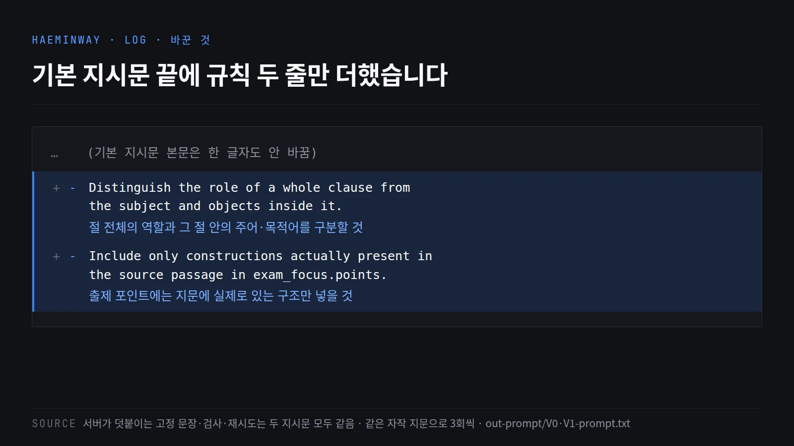 기본 지시문 끝에 영어 규칙 두 줄과 그 우리말 뜻을 더한 모습. 기본 지시문 본문은 그대로다