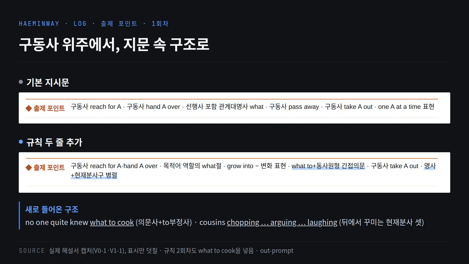 1회차 해설서의 출제 포인트 줄 캡처. 기본 지시문은 구동사가 대부분이고, 규칙을 넣은 쪽에는 what to+동사원형 간접의문과 명사+현재분사구 병렬이 들어왔다