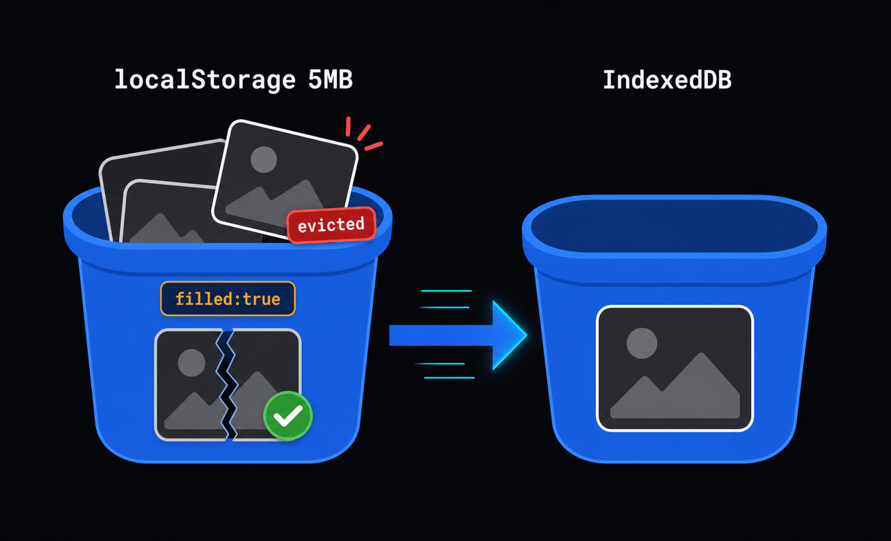 localStorage는 용량이 차면 사진 본문을 버리고 filled 플래그만 남긴다. 본문은 IndexedDB로 옮겨야 한다