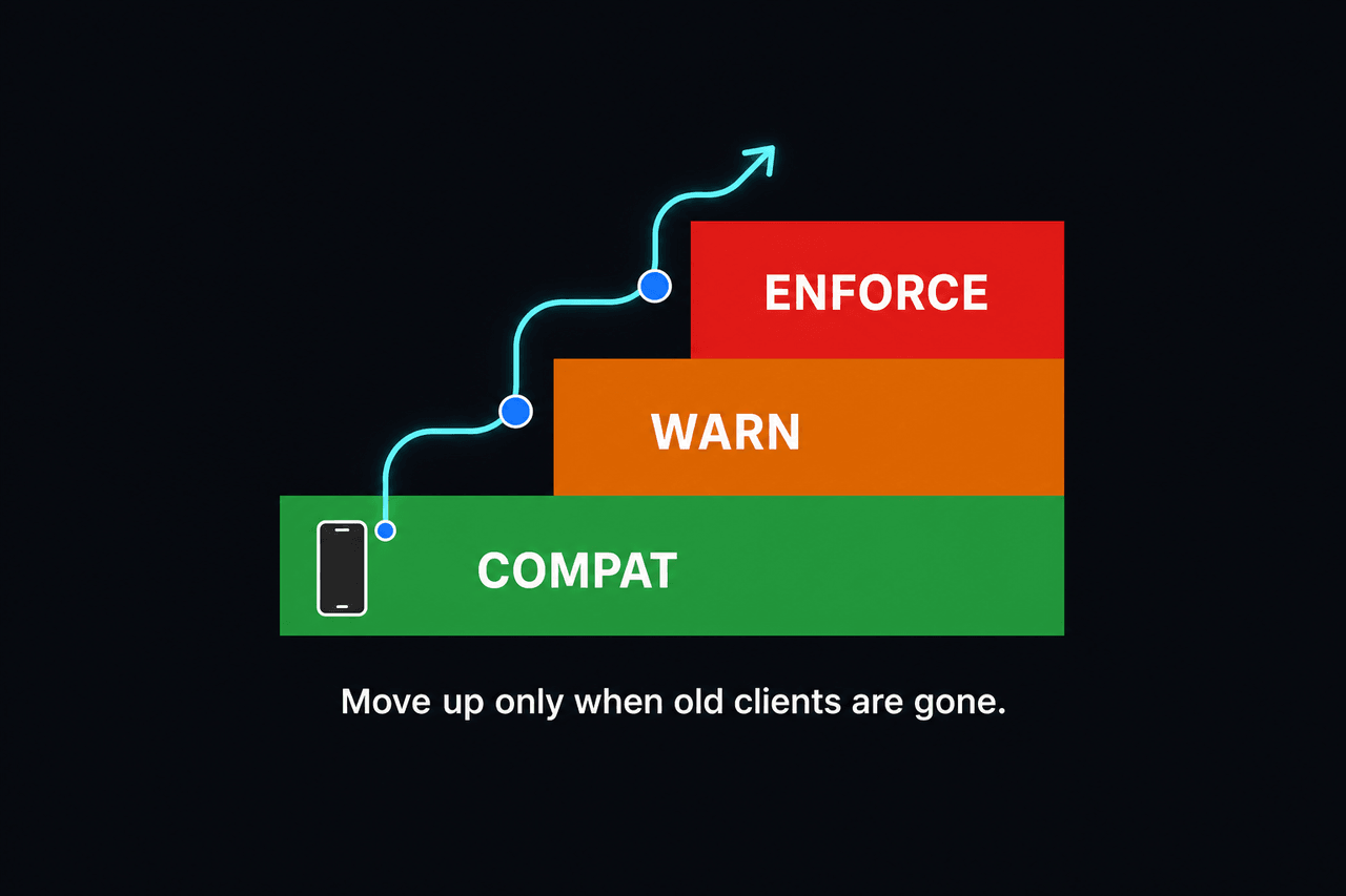compat → warn → enforce 3단 사다리: 옛 클라이언트가 사라진 걸 확인한 뒤에만 위로 올린다