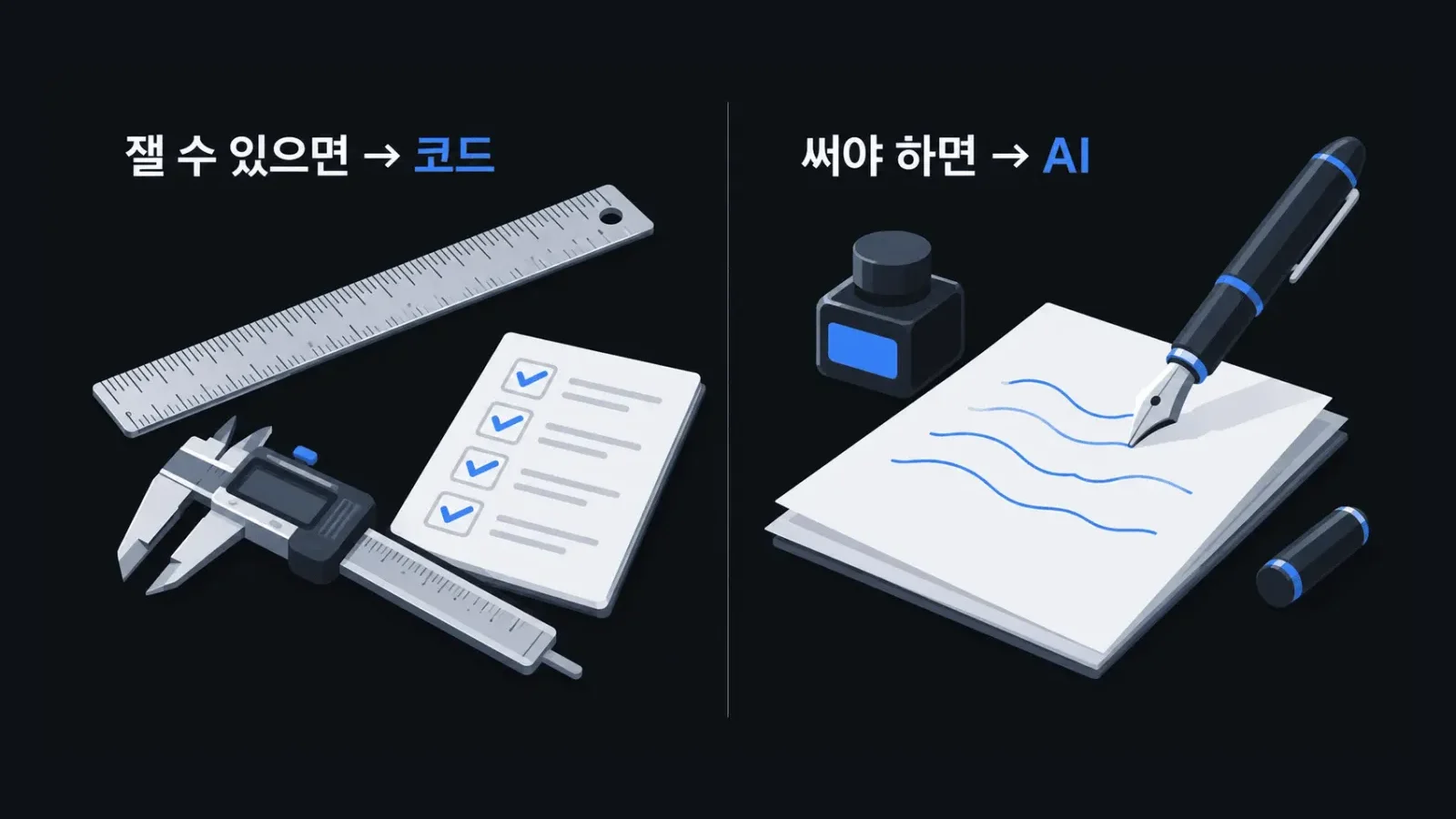 왼쪽은 자와 캘리퍼스와 체크리스트로 잴 수 있으면 코드, 오른쪽은 만년필로 써야 하면 AI라고 적힌 그림